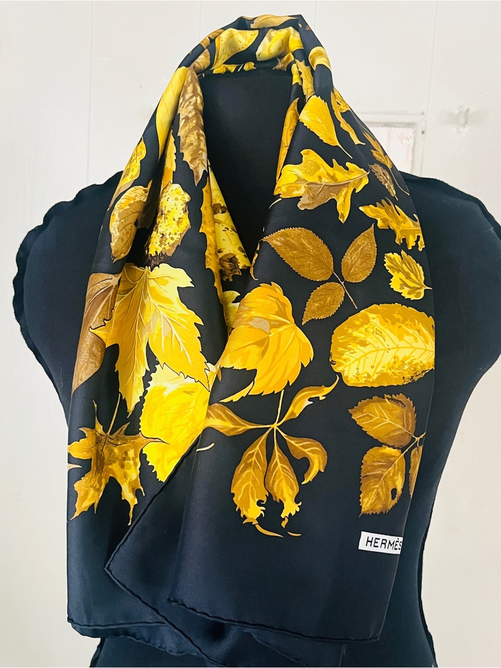 Hermes Black & Yellow Leaf Silk Scarf